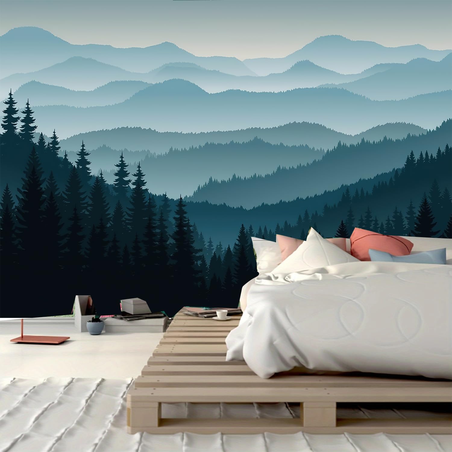 Home Decor Minimal - Minimalistisch bergbos wandkleed, blauw verloopend dennenbos